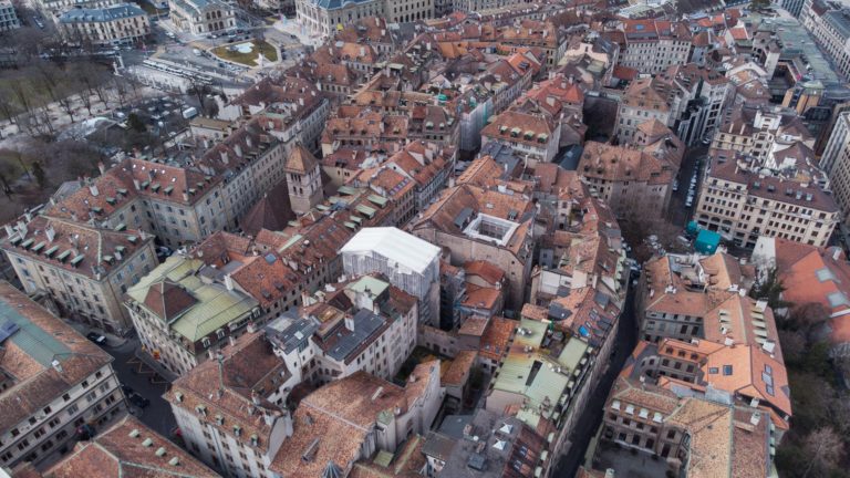 Stunning aerial view of the historic rooftops in Old Town Geneva, Switzerland.